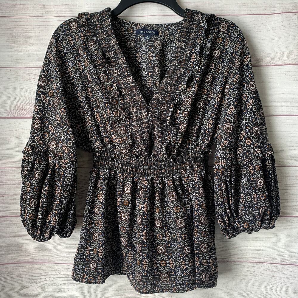 Max Edition Boho Floral Peasant Blouse Smocked Waist 3/4 Sleeves Size Small